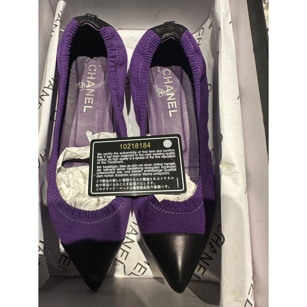 Chanel Purple Black Pointed Flats VGUC Orig Box COA Sz 38.5